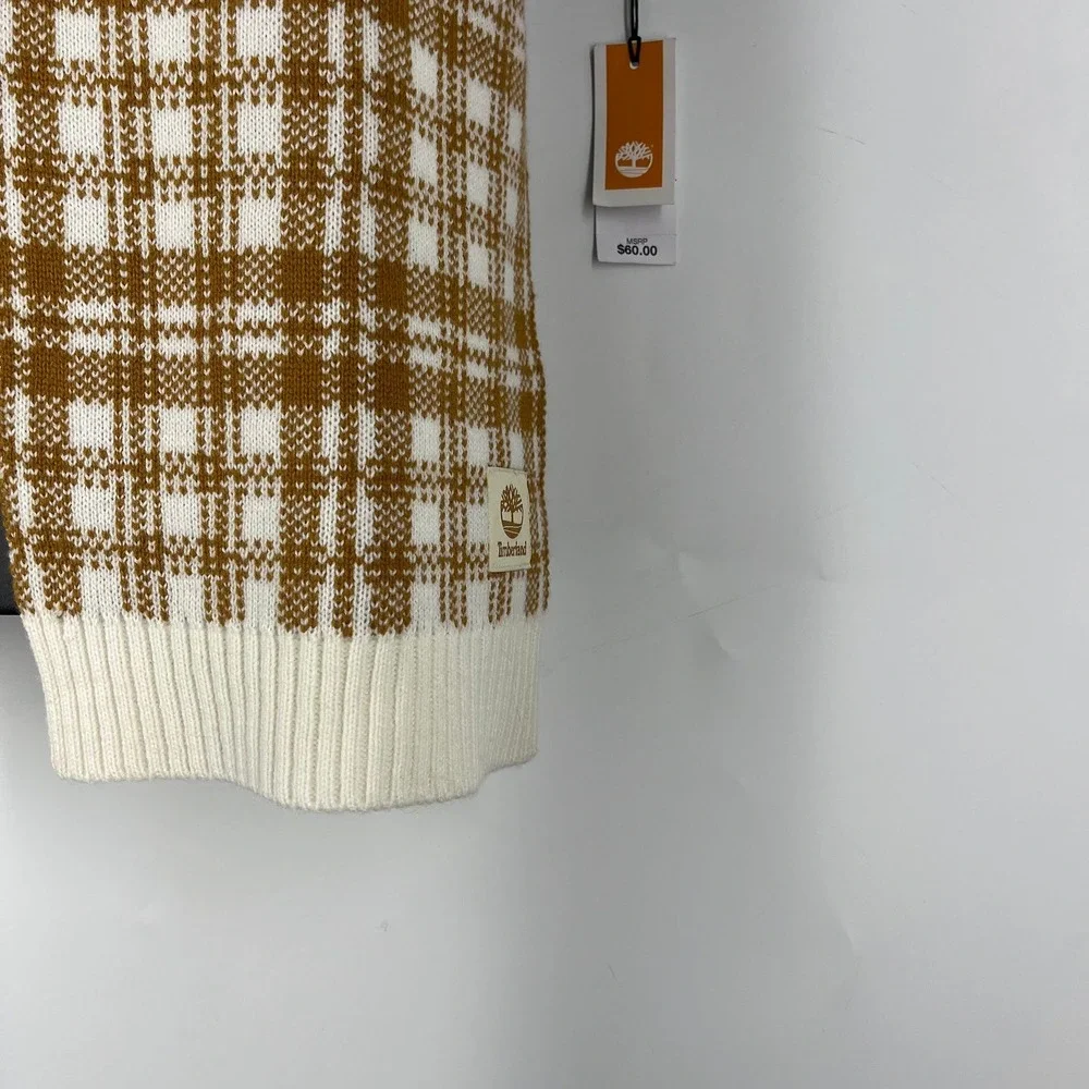Timberland‎ Mens Plaid Knit Scarf Wheat Logo Patch Ribbed Trim NWT